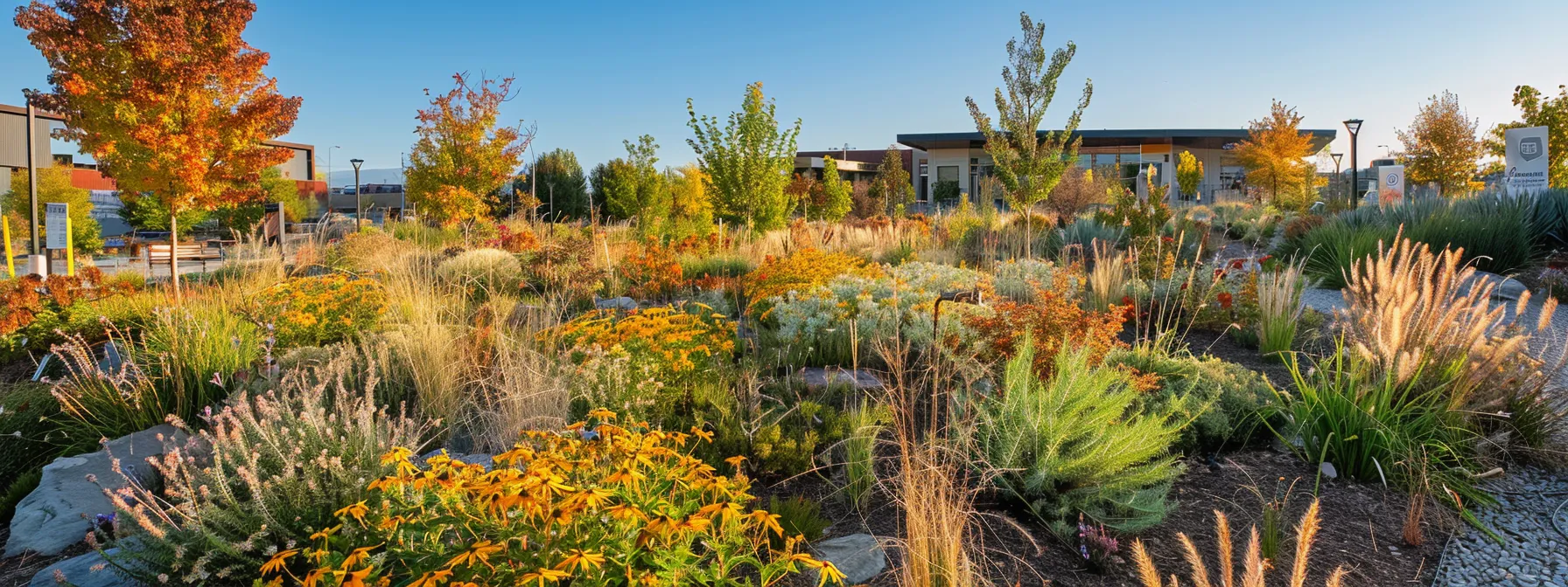 a meticulously designed urban landscape showcases a vibrant array of native plants, with informative signage and diverse planting schemes, illustrating the benefits of sustainable landscaping while enhancing biodiversity in an eastern idaho community. a meticulously designed urban landscape showcases a vibrant array of native plants, with informative signage and diverse planting schemes, illustrating the benefits of sustainable landscaping while enhancing biodiversity in an eastern idaho community.
