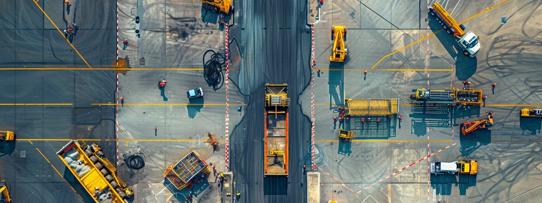 a meticulously detailed aerial view of a busy airport runway undergoing asphalt paving, showcasing construction machinery and organized work crews, highlighting the complexities of cost factors in aviation infrastructure projects.