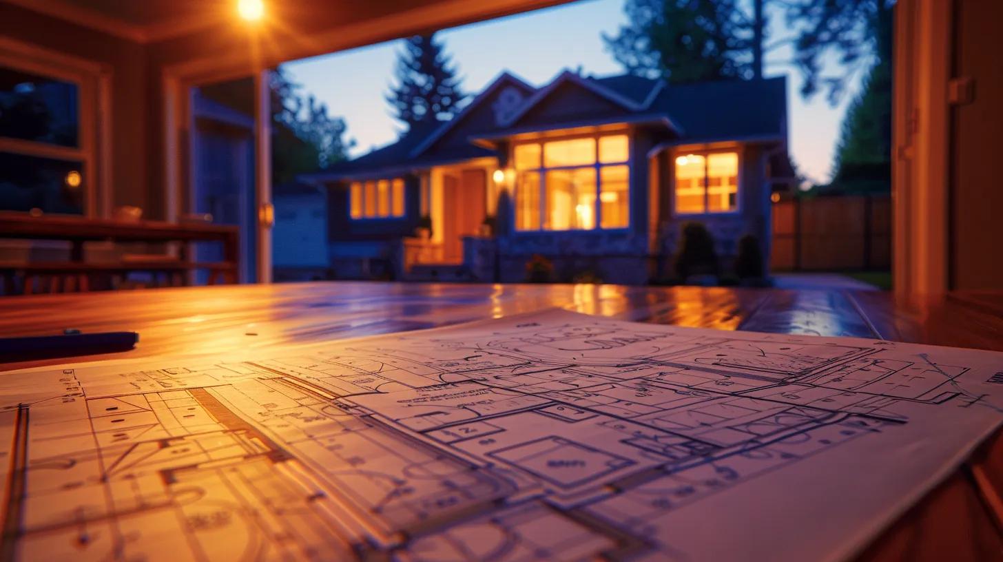 a meticulously detailed blueprint spreads across a wooden table, illuminated by soft, natural light, showcasing intricate design elements and cost estimations for a custom home project, while a faint outline of a completed house emerges in the background. a meticulously detailed blueprint spreads across a wooden table, illuminated by soft, natural light, showcasing intricate design elements and cost estimations for a custom home project, while a faint outline of a completed house emerges in the background.