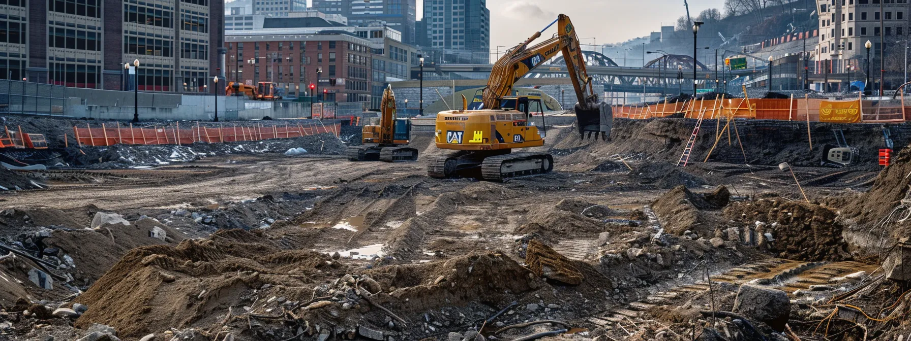 a meticulously leveled construction site in an urban pittsburgh setting showcases heavy machinery at work, with clear groundwork emphasizing the transformative impact of land leveling on residential and commercial projects.