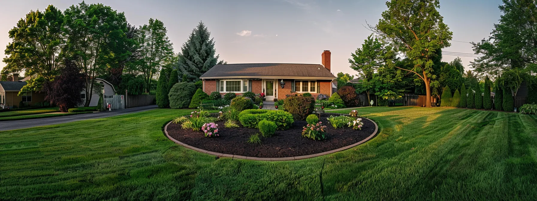 a meticulously maintained front yard showcases freshly mowed vibrant grass, cleanly edged flower beds, and perfectly pruned shrubs, all set against a charming suburban home that exudes inviting curb appeal. a meticulously maintained front yard showcases freshly mowed vibrant grass, cleanly edged flower beds, and perfectly pruned shrubs, all set against a charming suburban home that exudes inviting curb appeal.