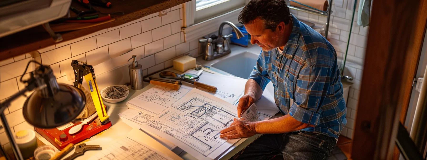 a meticulously organized bathroom workspace showcases essential plumbing tools and equipment, with a focused homeowner reviewing installation plans on an adjacent countertop, illuminated by bright task lighting. a meticulously organized bathroom workspace showcases essential plumbing tools and equipment, with a focused homeowner reviewing installation plans on an adjacent countertop, illuminated by bright task lighting.