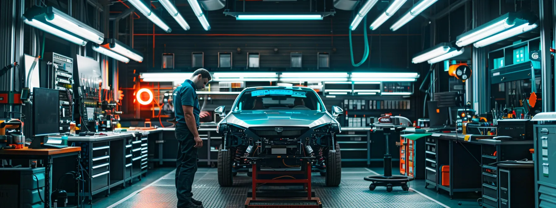 a meticulously organized automotive mechanic shop features a technician expertly calibrating an advanced adas system on a vehicle, surrounded by essential tools and detailed manufacturer guidelines displayed on a nearby workstation, all under bright, focused artificial lighting that highlights the precision required for the calibration process.