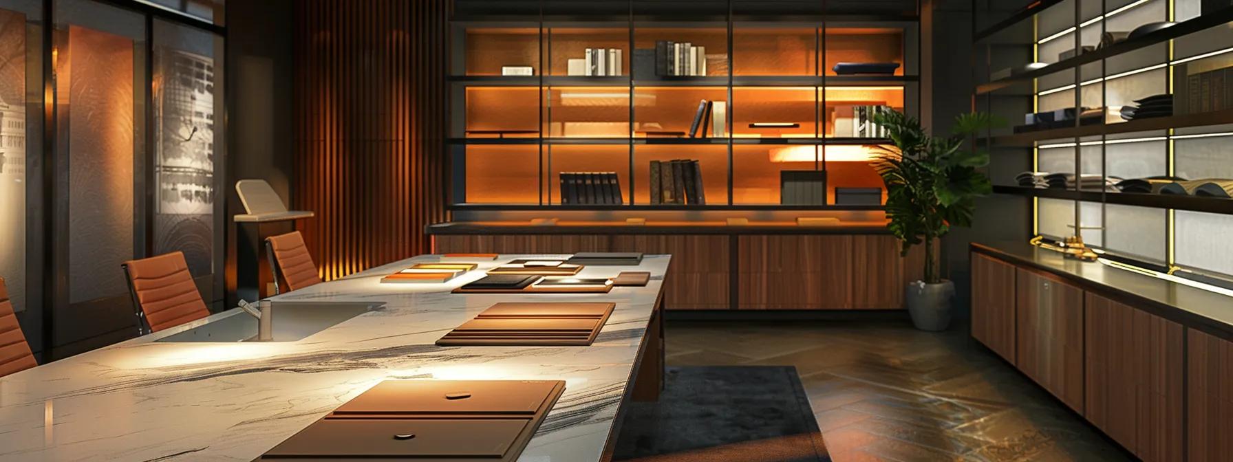 a meticulously organized bathroom design consultation in a sleek, modern office, showcasing sample materials and a detailed budget plan on a polished conference table, reflecting strategic planning for cost-effective remodeling in houston.