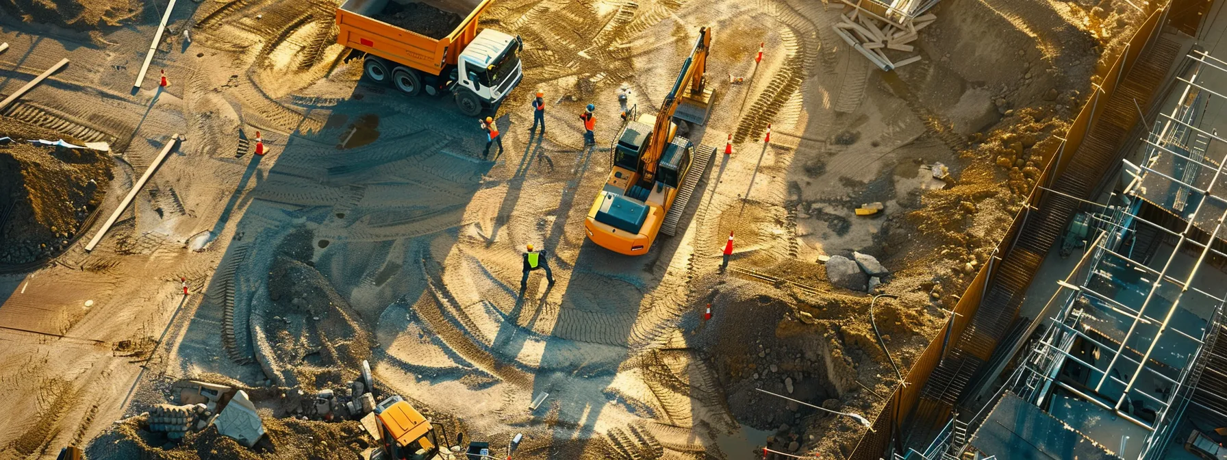 a meticulously organized construction site showcases a skilled team assessing a pavement area, with clear markings on the ground, advanced equipment nearby, and a focus on evaluating soil stability and drainage solutions under bright, artificial lighting.