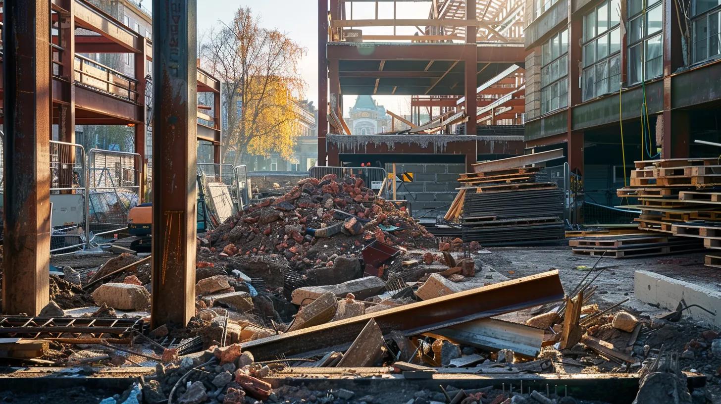 a meticulously organized construction site showcases selective demolition, with carefully stacked steel beams and debris under soft morning light, emphasizing the transformative process of preserving historical architecture. a meticulously organized construction site showcases selective demolition, with carefully stacked steel beams and debris under soft morning light, emphasizing the transformative process of preserving historical architecture.