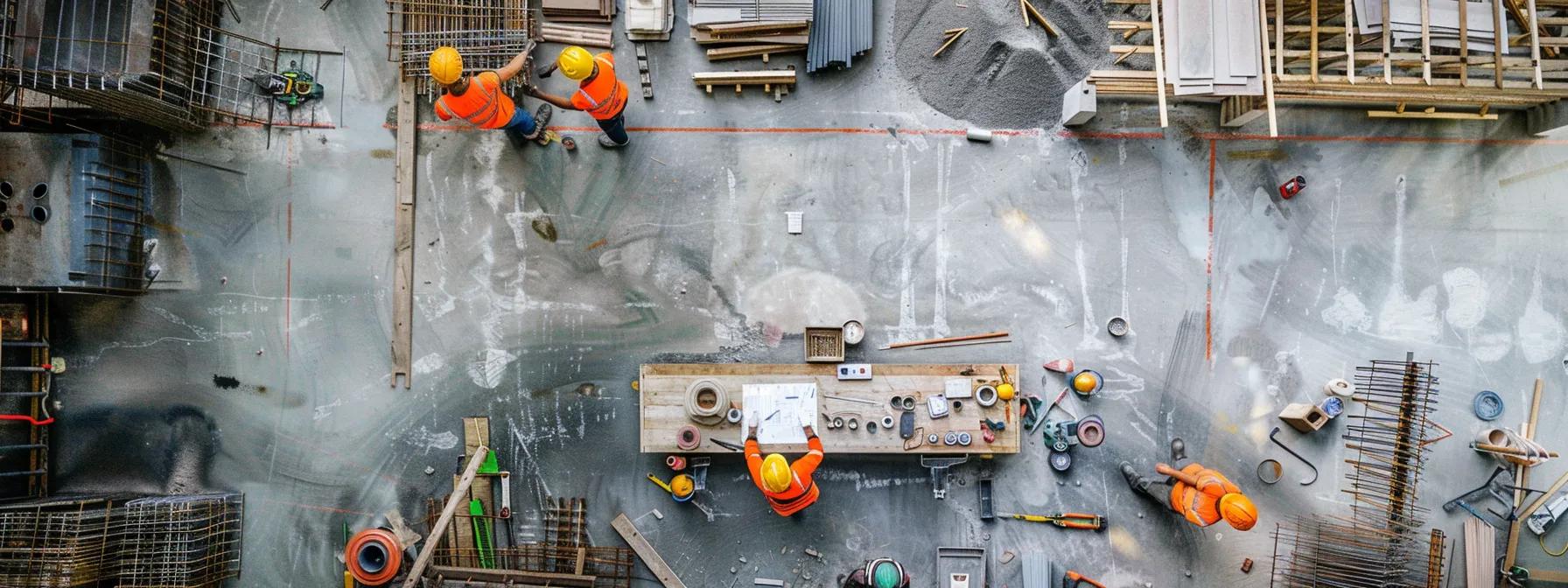 a meticulously organized construction site showcases workers collaborating on a hardscape installation, with detailed plans and tools laid out on a large table under bright overhead lights, emphasizing the precision and teamwork involved in the process. a meticulously organized construction site showcases workers collaborating on a hardscape installation, with detailed plans and tools laid out on a large table under bright overhead lights, emphasizing the precision and teamwork involved in the process.