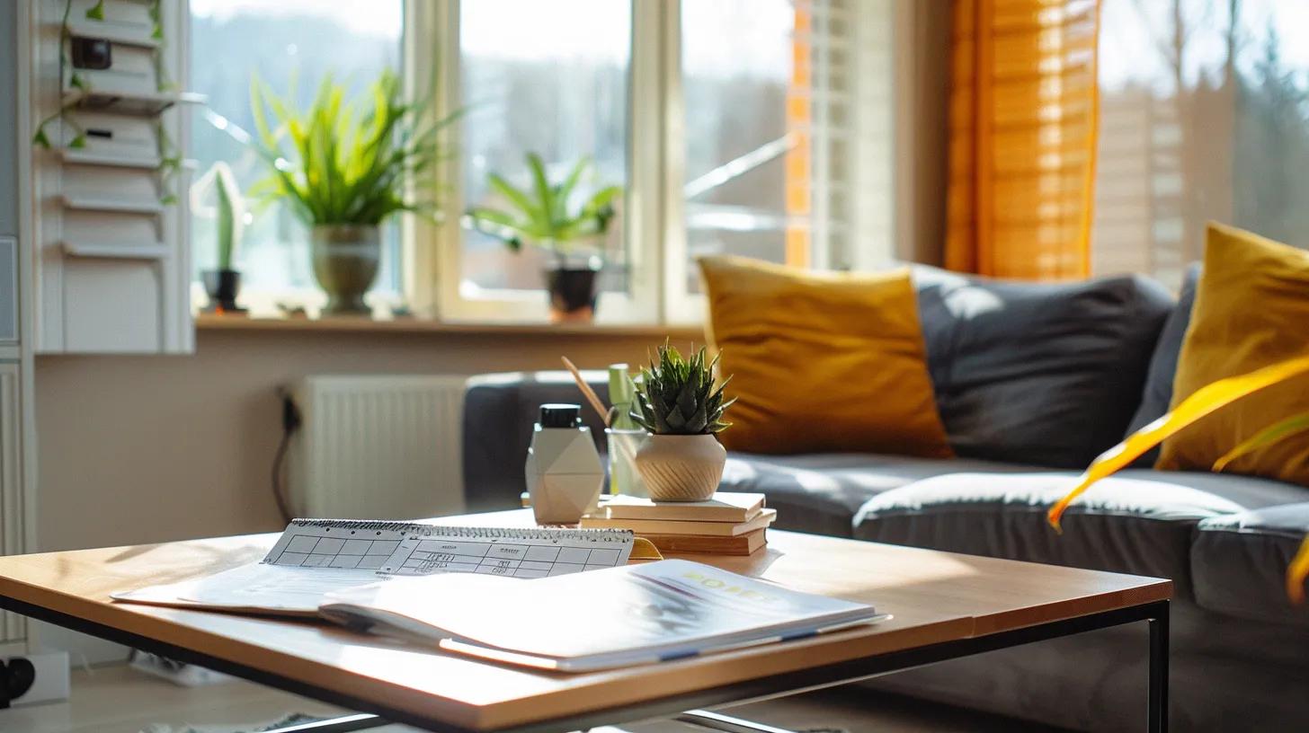 a meticulously organized home interior showcases a living room with spotless surfaces and closed windows, alongside an open checklist on a stylish table, emphasizing the final preparations before a vacation departure.