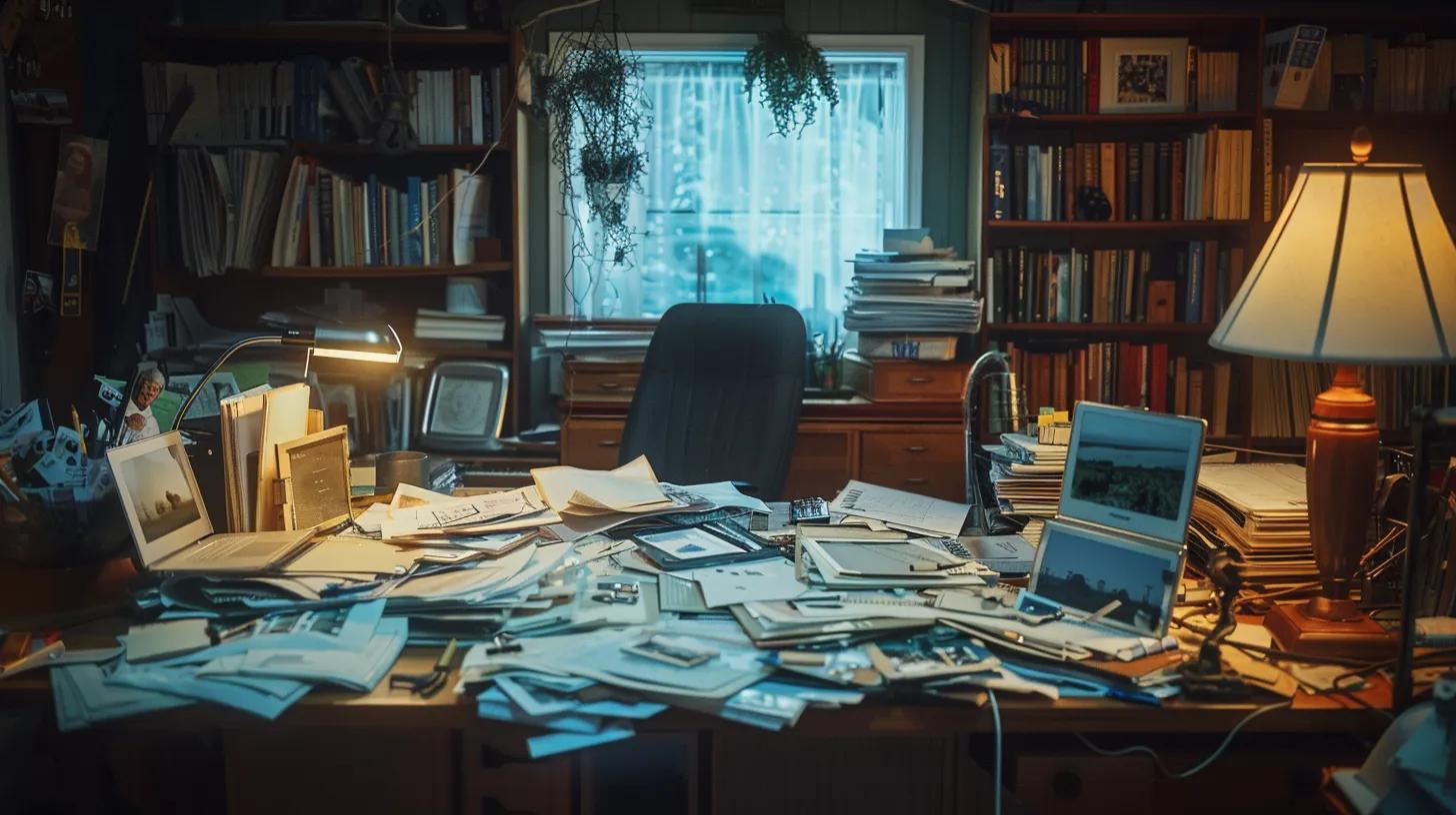 a meticulously organized home office cluttered with maintenance documents, detailed photographs of household issues, and an open checklist, all illuminated by warm, focused desk lighting, showcasing the importance of preparation for a service visit. a meticulously organized home office cluttered with maintenance documents, detailed photographs of household issues, and an open checklist, all illuminated by warm, focused desk lighting, showcasing the importance of preparation for a service visit.