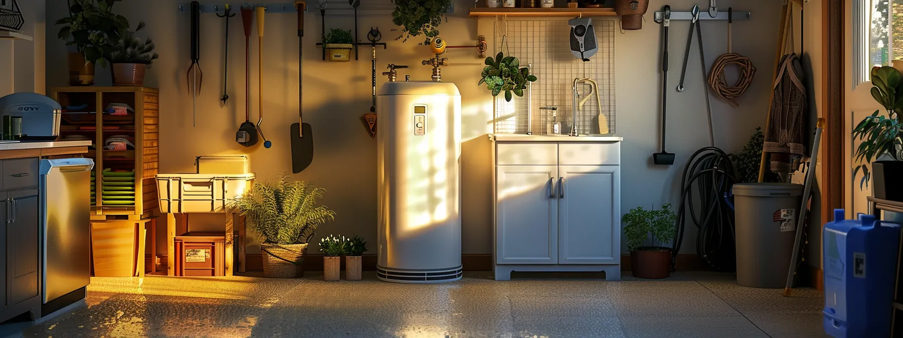 a meticulously organized home utility room features a gleaming water heater surrounded by essential maintenance tools and seasonal decor, bathed in soft, warm light, evoking a sense of care and attention to detail in home upkeep.