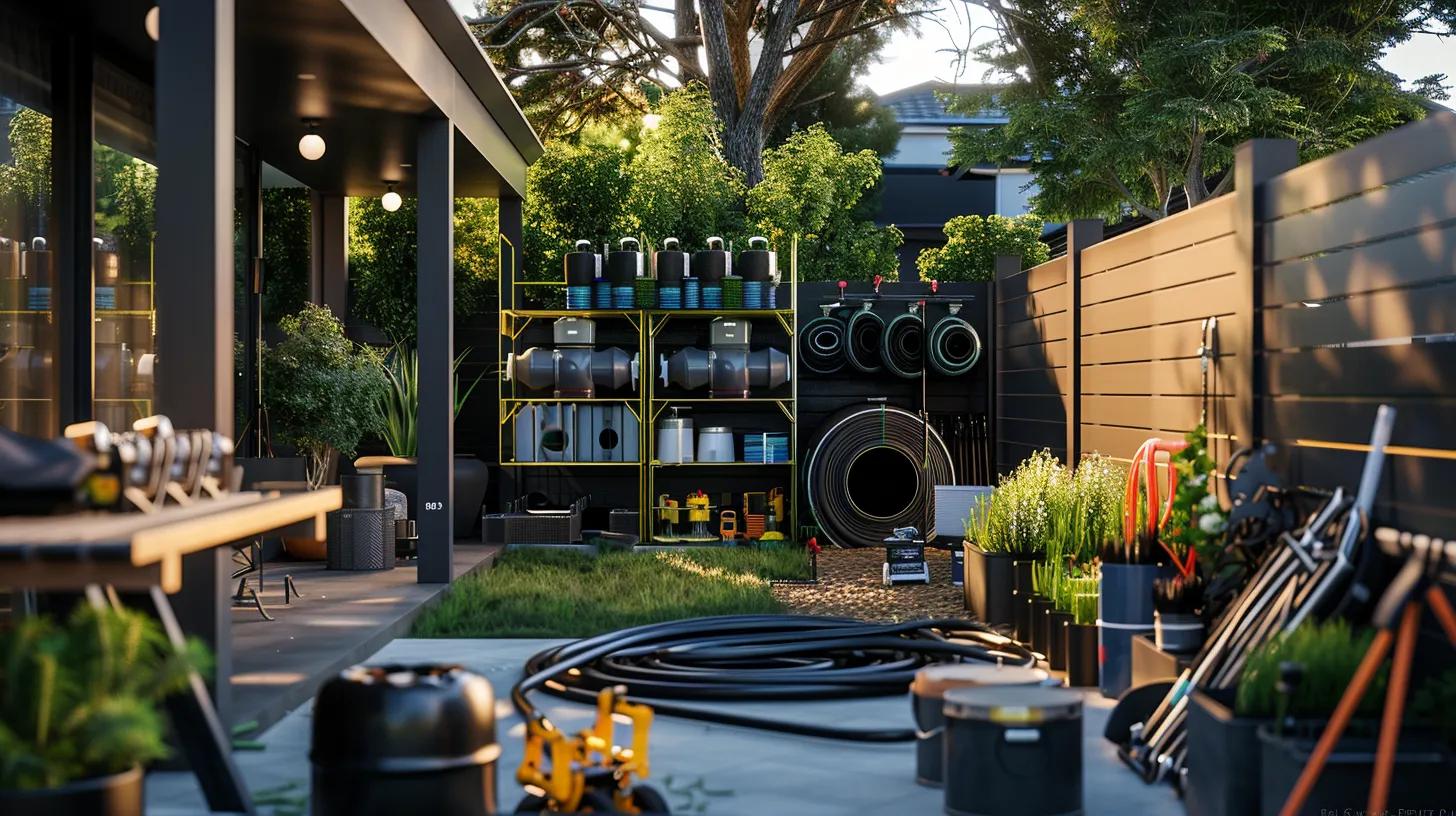 a meticulously organized irrigation system installation site, showcasing neatly arranged components and tools in a modern backyard, under bright artificial lighting to emphasize precision and professionalism. a meticulously organized irrigation system installation site, showcasing neatly arranged components and tools in a modern backyard, under bright artificial lighting to emphasize precision and professionalism.