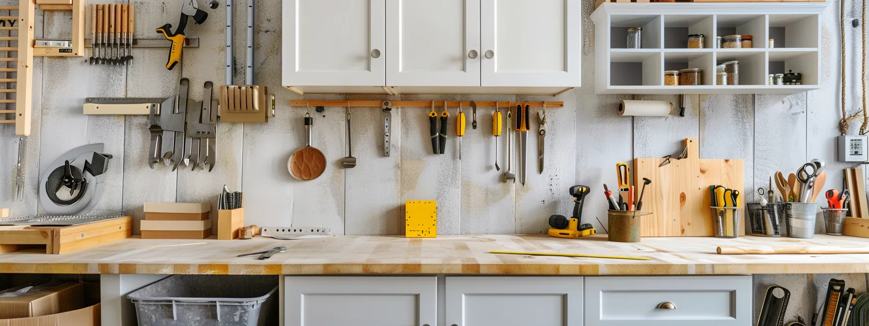 a meticulously organized kitchen workspace features clean countertops surrounded by essential remodeling tools, including a tape measure and installation hardware, all set against a backdrop of freshly unboxed cabinets ready for installation. a meticulously organized kitchen workspace features clean countertops surrounded by essential remodeling tools, including a tape measure and installation hardware, all set against a backdrop of freshly unboxed cabinets ready for installation.