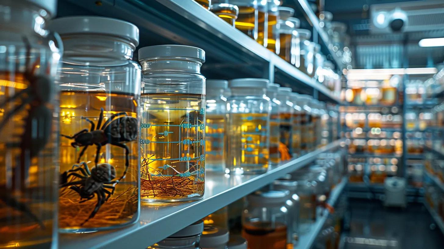 a meticulously organized laboratory filled with clear glass jars displaying various spider species, each labeled according to its habitat, illuminated by bright overhead lights to emphasize the distinct features of these adaptable creatures. a meticulously organized laboratory filled with clear glass jars displaying various spider species, each labeled according to its habitat, illuminated by bright overhead lights to emphasize the distinct features of these adaptable creatures.