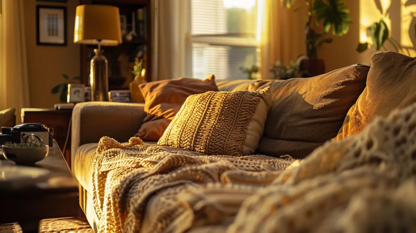 a meticulously organized living room showcases a plush couch under soft artificial lighting, highlighting subtle stains, fading fabric, and loose threads as a careful inspector examines its surface for signs of wear and tear.