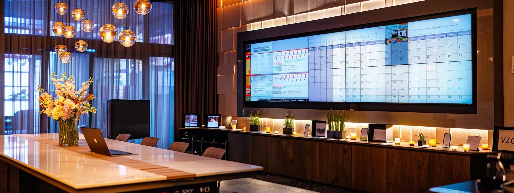 a meticulously organized, modern event planning workspace featuring a large wall calendar filled with timelines and schedules, surrounded by elegant wedding decor samples, a laptop displaying vendor communications, and a whiteboard for managing last-minute changes, all under warm, focused lighting. a meticulously organized, modern event planning workspace featuring a large wall calendar filled with timelines and schedules, surrounded by elegant wedding decor samples, a laptop displaying vendor communications, and a whiteboard for managing last-minute changes, all under warm, focused lighting.