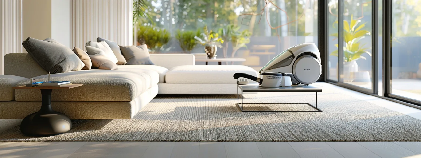 a meticulously organized modern living room showcases a pristine carpet, with a high-tech vacuum cleaner positioned nearby, underscoring an efficient carpet cleaning routine complemented by a sleek air duct cleaning system.