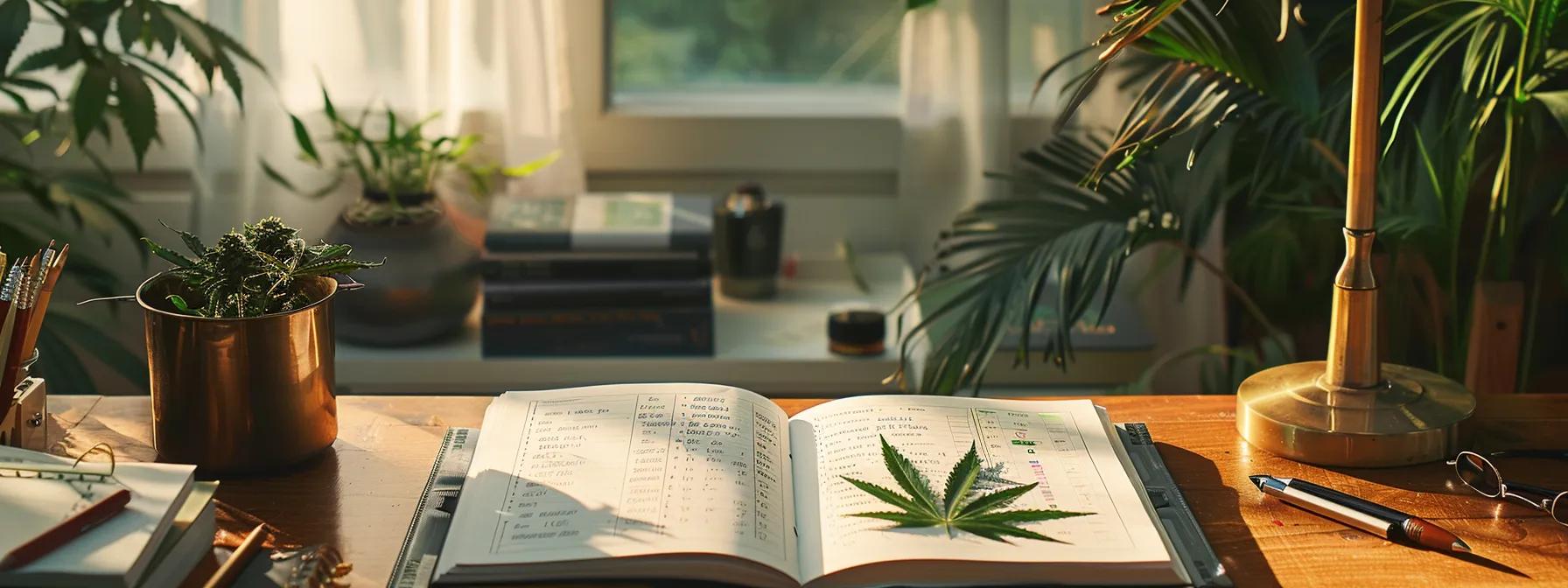 a meticulously organized office desk, featuring an open notebook with detailed tracking sheets, a sleek cannabis-related reference book, and a calming, focused atmosphere, emphasizes the theme of responsible daily thc consumption and the importance of structured dose management. a meticulously organized office desk, featuring an open notebook with detailed tracking sheets, a sleek cannabis-related reference book, and a calming, focused atmosphere, emphasizes the theme of responsible daily thc consumption and the importance of structured dose management.