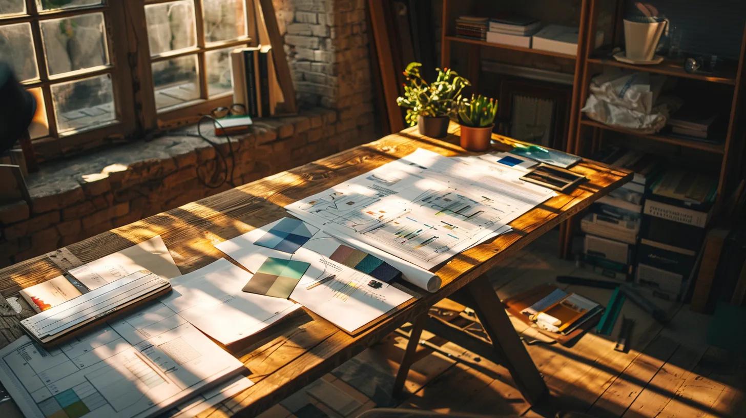 a meticulously organized project plan is displayed on a wooden table, with blueprints, color swatches, and project timeline charts illuminated by soft, natural light filtering through a nearby window. a meticulously organized project plan is displayed on a wooden table, with blueprints, color swatches, and project timeline charts illuminated by soft, natural light filtering through a nearby window.