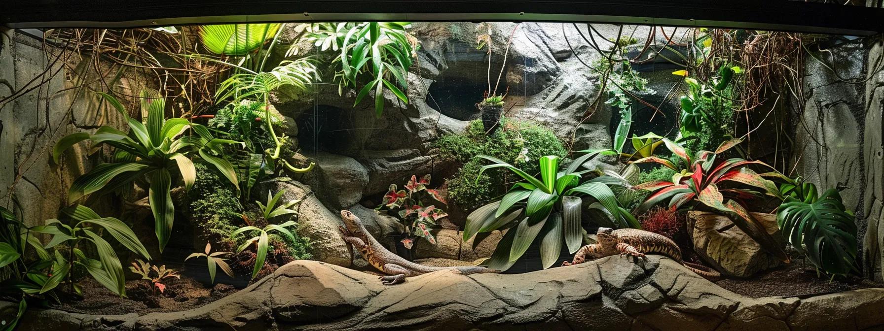 a meticulously organized reptile enclosure showcases varied substrates, with vibrant textures and colors under warm, controlled lighting, emphasizing the importance of proper maintenance for a healthy habitat. a meticulously organized reptile enclosure showcases varied substrates, with vibrant textures and colors under warm, controlled lighting, emphasizing the importance of proper maintenance for a healthy habitat.