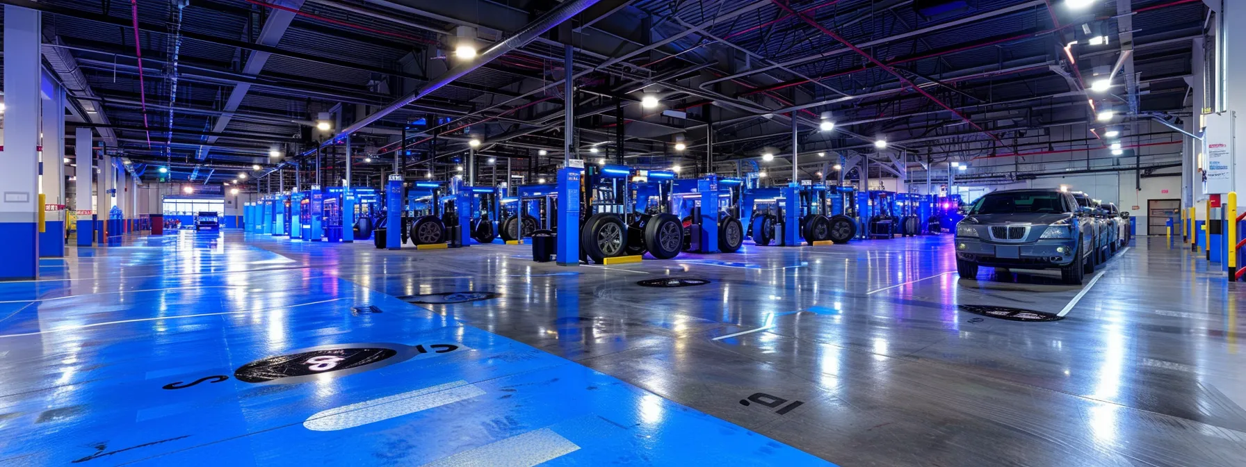 a meticulously organized san diego parking facility showcases prominently installed, high-visibility wheel stops designed for various vehicle sizes, illuminated by bright overhead lighting that emphasizes safety and efficiency.