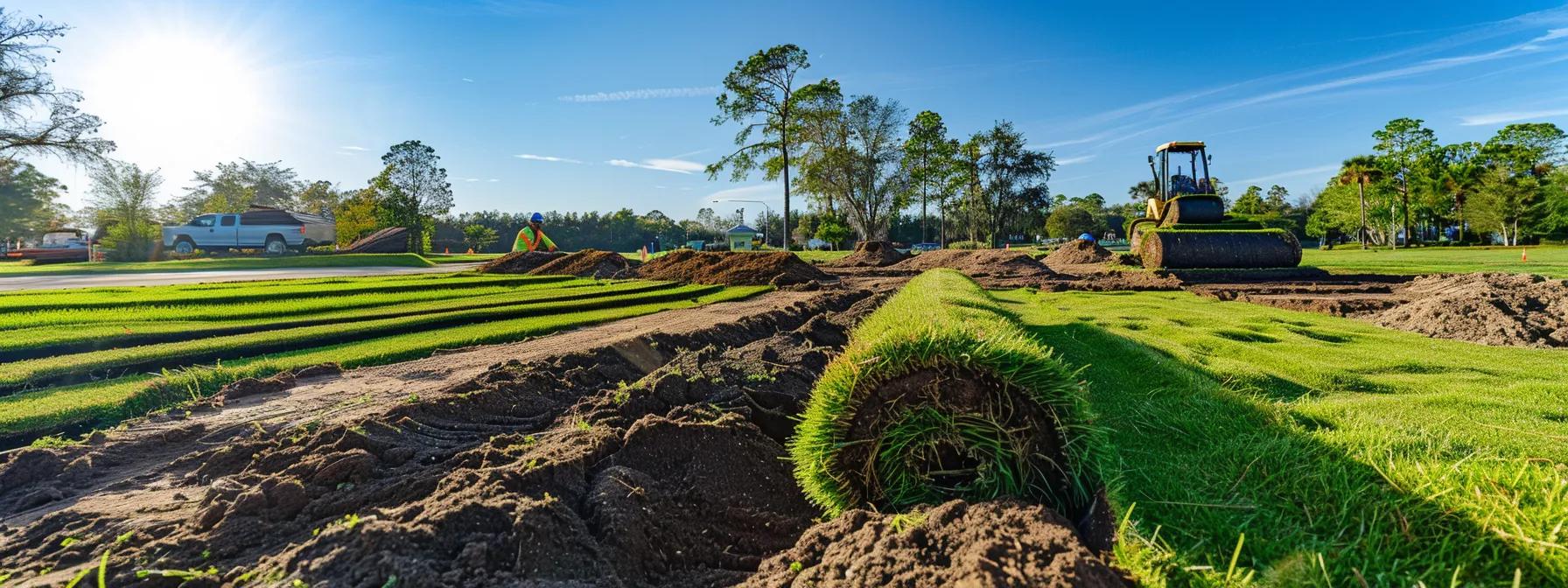 a meticulously organized sod installation site in orlando showcases plush, vibrant rolls of bermuda and st. augustine grass being expertly laid on a freshly prepared lawn, with professional landscapers engaged in precise, coordinated efforts under clear blue skies. a meticulously organized sod installation site in orlando showcases plush, vibrant rolls of bermuda and st. augustine grass being expertly laid on a freshly prepared lawn, with professional landscapers engaged in precise, coordinated efforts under clear blue skies.