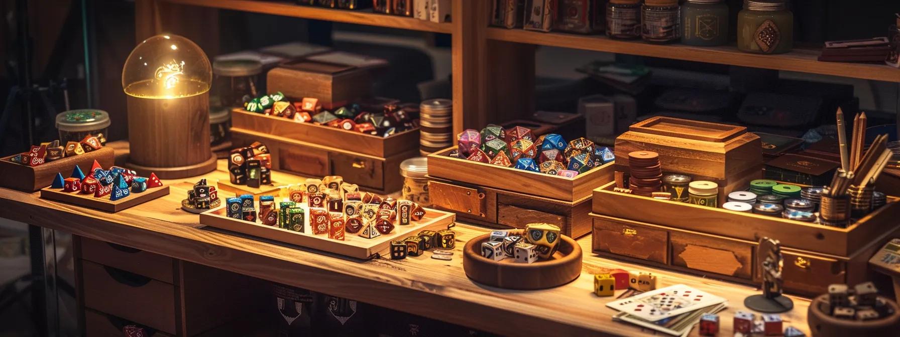 a meticulously organized tabletop gaming setup showcases smart organizers, featuring neatly arranged dice, cards, tokens, and miniatures under dynamic ambient lighting, highlighting the efficiency and ease of gameplay preparation. a meticulously organized tabletop gaming setup showcases smart organizers, featuring neatly arranged dice, cards, tokens, and miniatures under dynamic ambient lighting, highlighting the efficiency and ease of gameplay preparation.