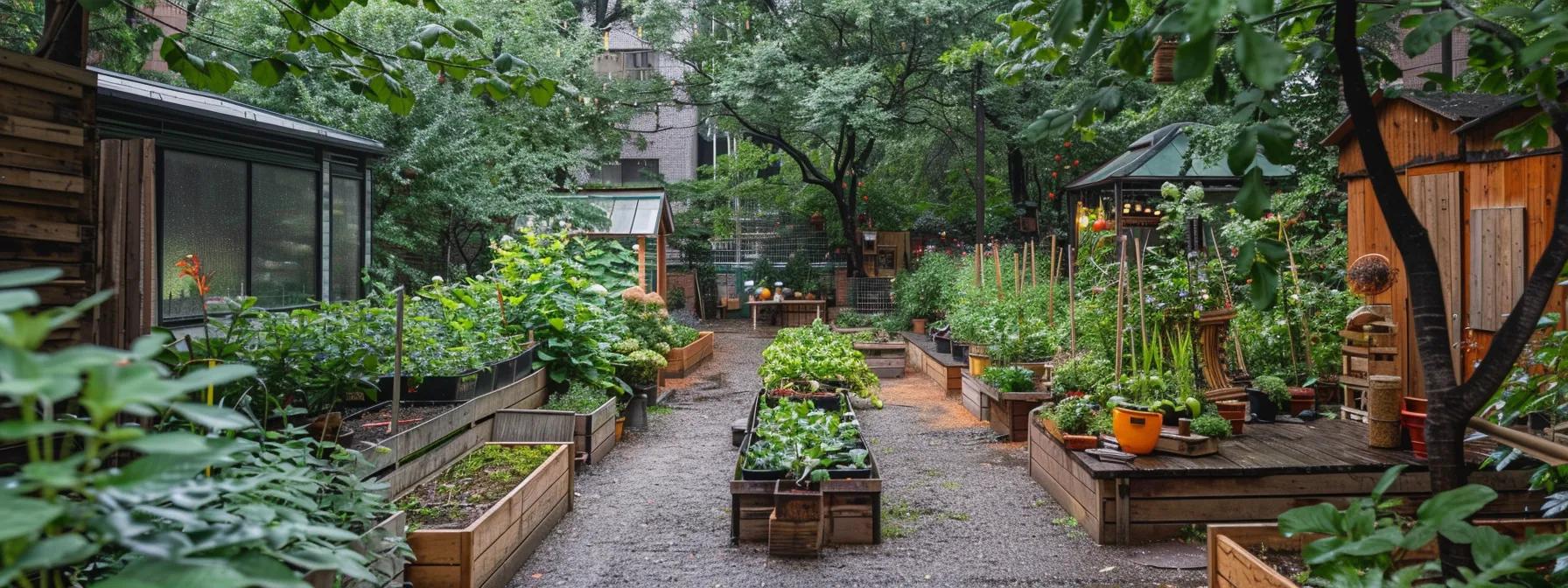 a meticulously organized urban garden prepared for tree trimming, featuring clearly marked sensitive areas and a clutter-free workspace that enhances accessibility for professional arborists.