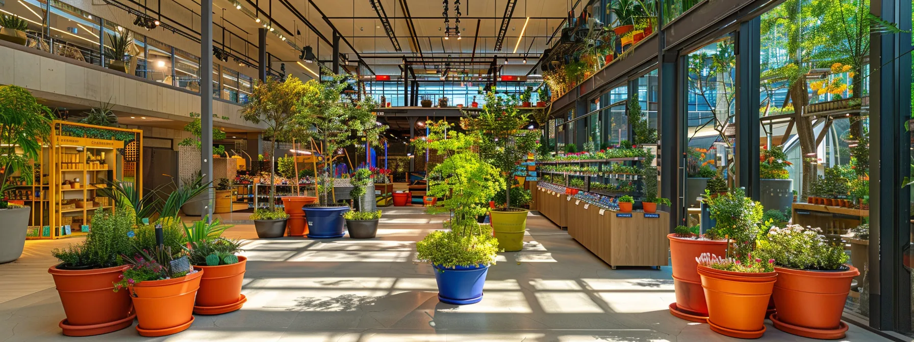 a meticulously organized urban nursery displaying a variety of young trees in vibrant, colorful pots, set against a backdrop of modern architecture and bright showcase signage. a meticulously organized urban nursery displaying a variety of young trees in vibrant, colorful pots, set against a backdrop of modern architecture and bright showcase signage.