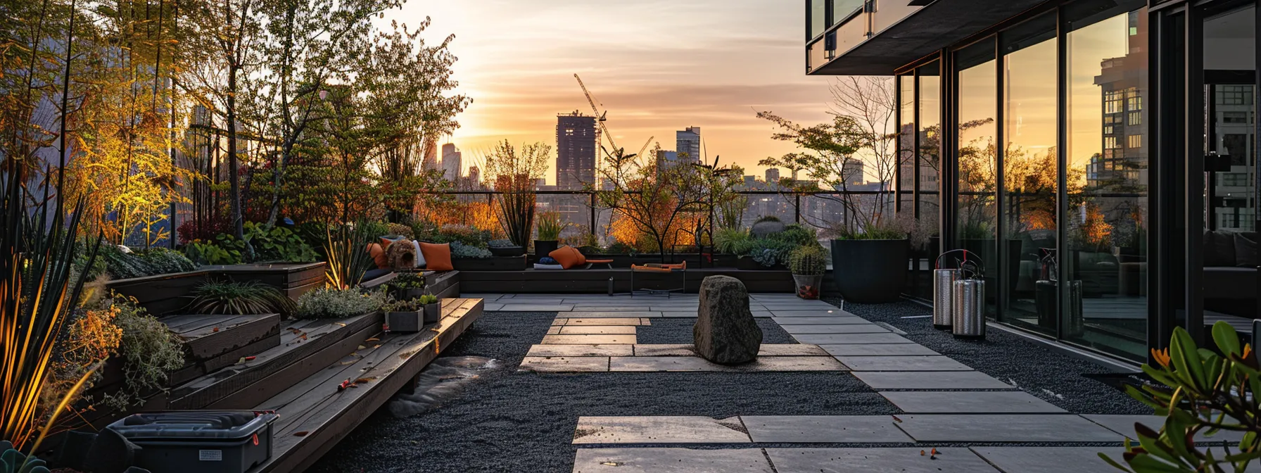 a meticulously organized urban patio showcases distinct sections for spring cleaning, summer maintenance, and fall preparation, each labeled and illustrated with tools and materials, set against a sleek, modern city backdrop. a meticulously organized urban patio showcases distinct sections for spring cleaning, summer maintenance, and fall preparation, each labeled and illustrated with tools and materials, set against a sleek, modern city backdrop.