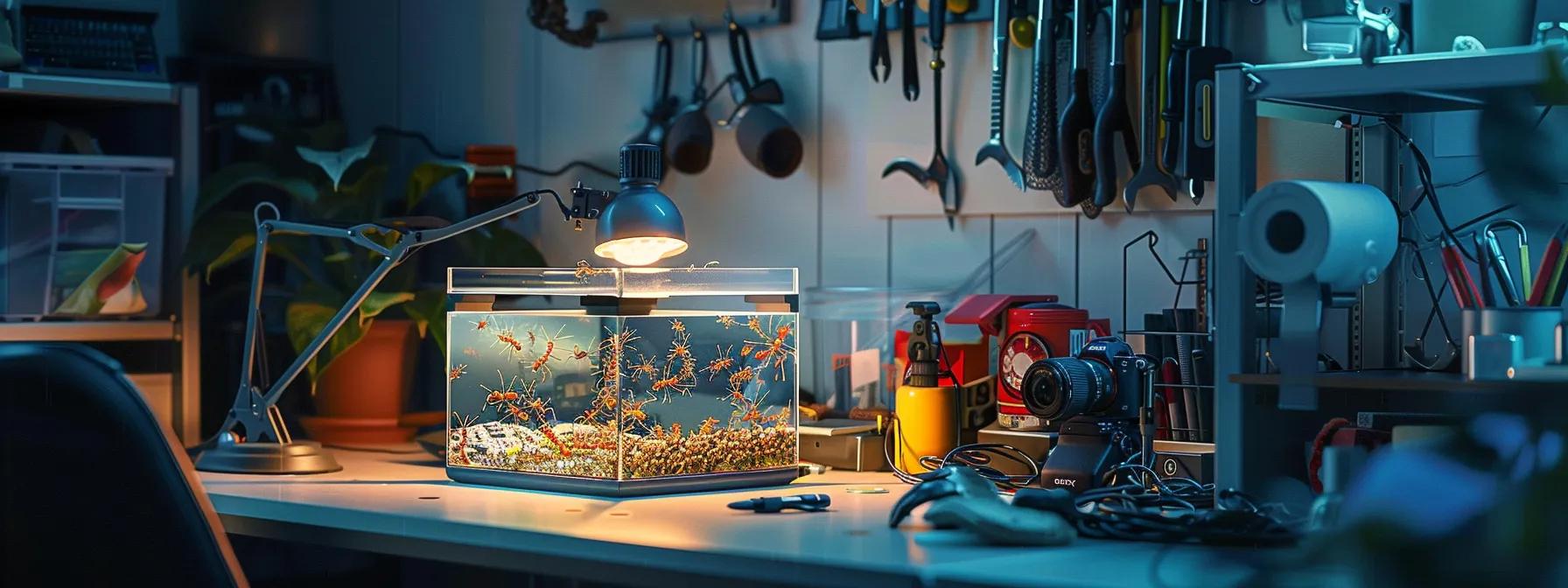 a meticulously organized workspace features a glass ant cube prominently displayed on a sleek desk, complemented by essential maintenance tools neatly arranged nearby, illuminated by focused task lighting to emphasize the intricate details of the colony within. a meticulously organized workspace features a glass ant cube prominently displayed on a sleek desk, complemented by essential maintenance tools neatly arranged nearby, illuminated by focused task lighting to emphasize the intricate details of the colony within.
