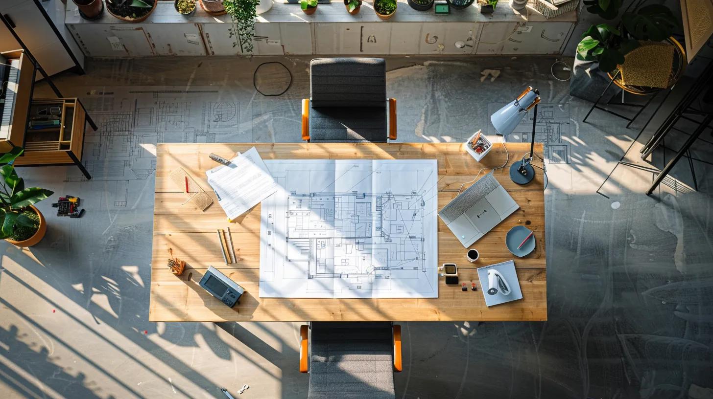 a meticulously organized workspace features a large, intricate remodeling blueprint spread across a polished conference table, surrounded by modern design tools and sleek digital devices, highlighting the precision and planning essential for successful home renovations. a meticulously organized workspace features a large, intricate remodeling blueprint spread across a polished conference table, surrounded by modern design tools and sleek digital devices, highlighting the precision and planning essential for successful home renovations.