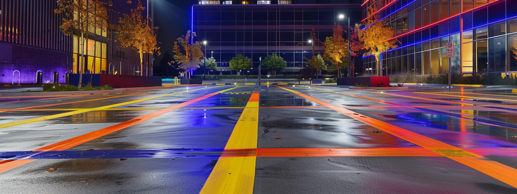 a meticulously painted parking lot in an urban business district, showcasing vibrant, freshly applied lane markings under bright, artificial lighting to emphasize the professionalism and safety standards of striping services.