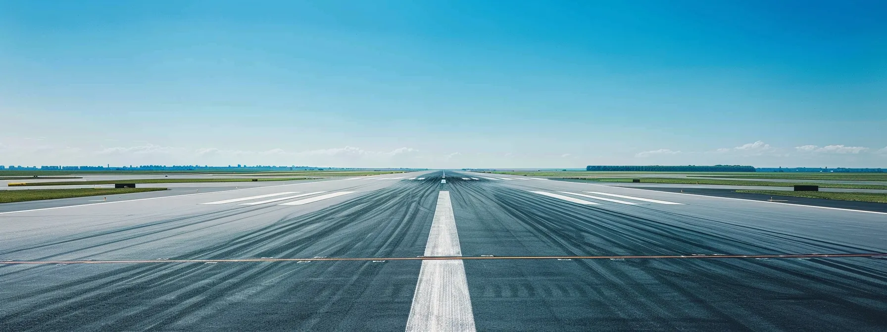 a meticulously paved airport runway stretches into the horizon, glistening under the clear blue sky, showcasing the precision and care of professional asphalt installation. a meticulously paved airport runway stretches into the horizon, glistening under the clear blue sky, showcasing the precision and care of professional asphalt installation.