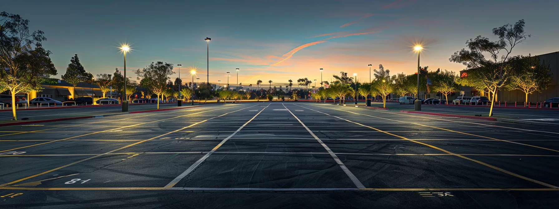 a meticulously striped parking lot in a bustling san diego commercial area, showcasing clear aisle markings and designated charging stations under bright artificial lights, emphasizing the importance of safety and space optimization for local businesses.