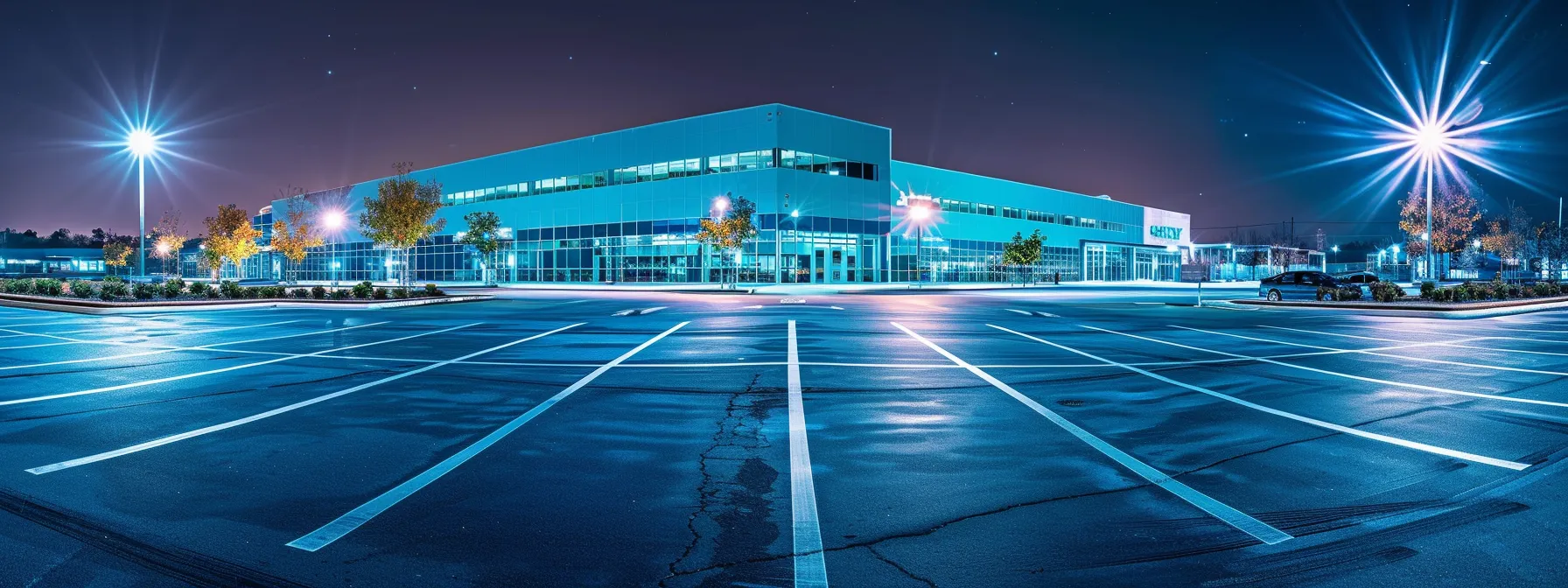 a meticulously striped parking lot glows under bright artificial lighting, showcasing durable thermoplastic lines against the backdrop of a modern commercial building, symbolizing safety and precision in urban planning.