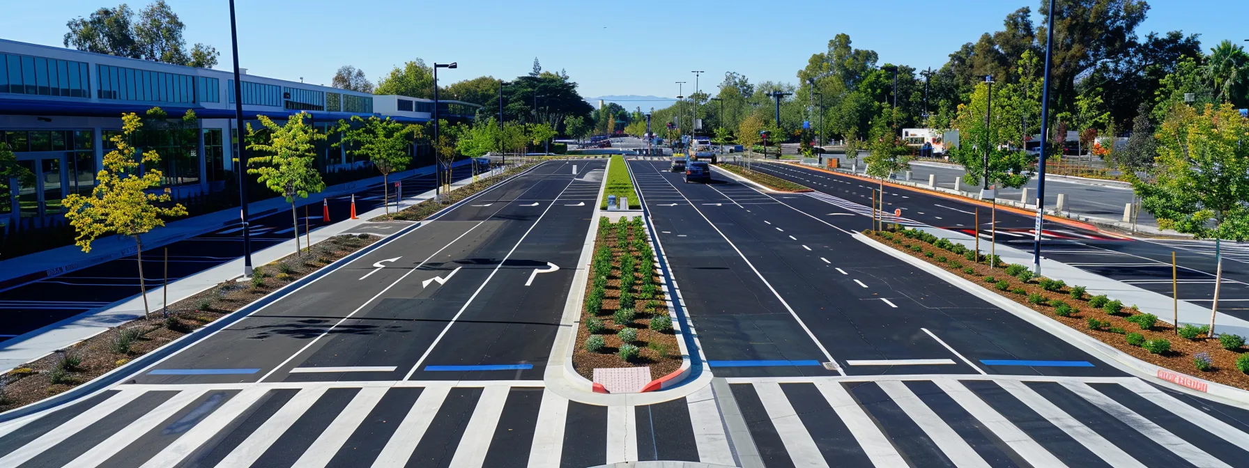a meticulously striped parking lot showcases vivid, contrasting lines including standard vehicle spaces, bright blue handicapped markings, and clear directional arrows, all set against a polished asphalt surface in a bustling urban environment.