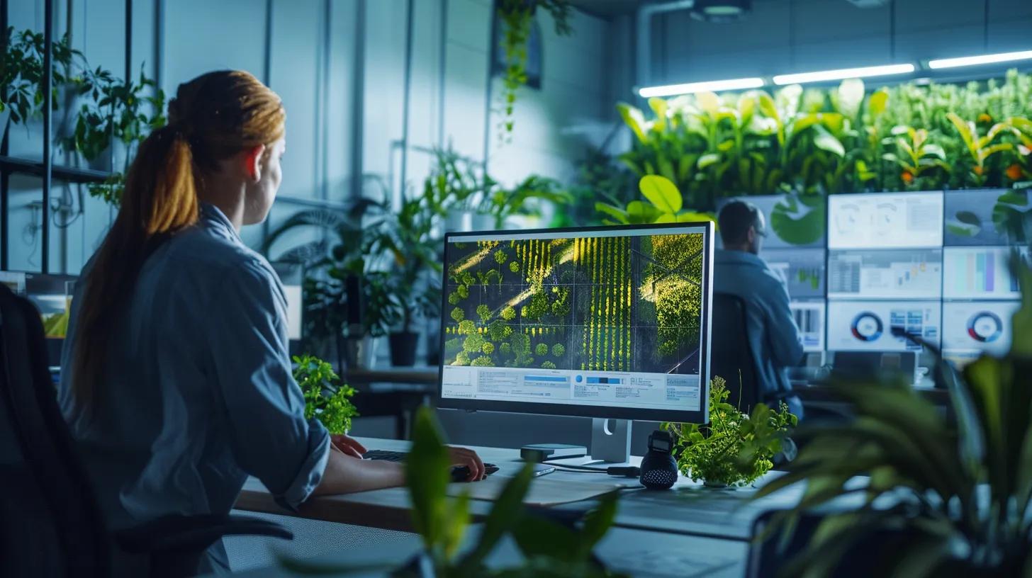 a modern agricultural office, featuring a sleek desk with a digital irrigation system blueprint displayed on a high-resolution monitor, while expert professionals collaboratively discuss efficient grass irrigation techniques under bright, artificial lighting.