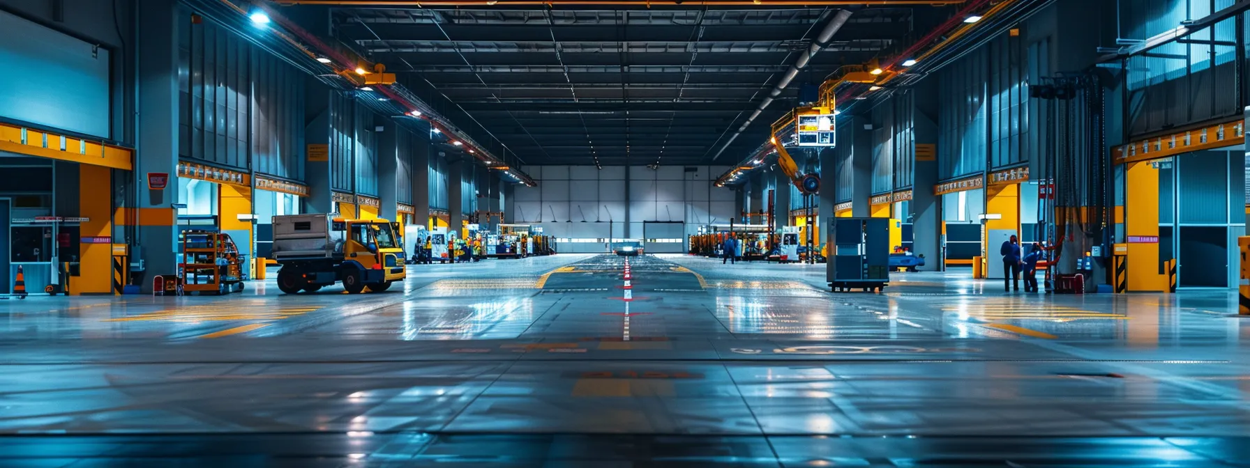a modern airport maintenance facility showcases advanced machinery and technicians performing thorough runway inspections, surrounded by vibrant warning signs and sleek maintenance equipment under bright artificial lighting.