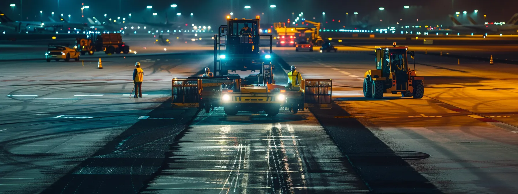 a modern airport runway under vibrant artificial lighting showcases the innovative asphalt paving technologies, displaying a flawlessly smooth surface as construction vehicles and workers utilize cutting-edge machinery for efficient taxiway upgrades.
