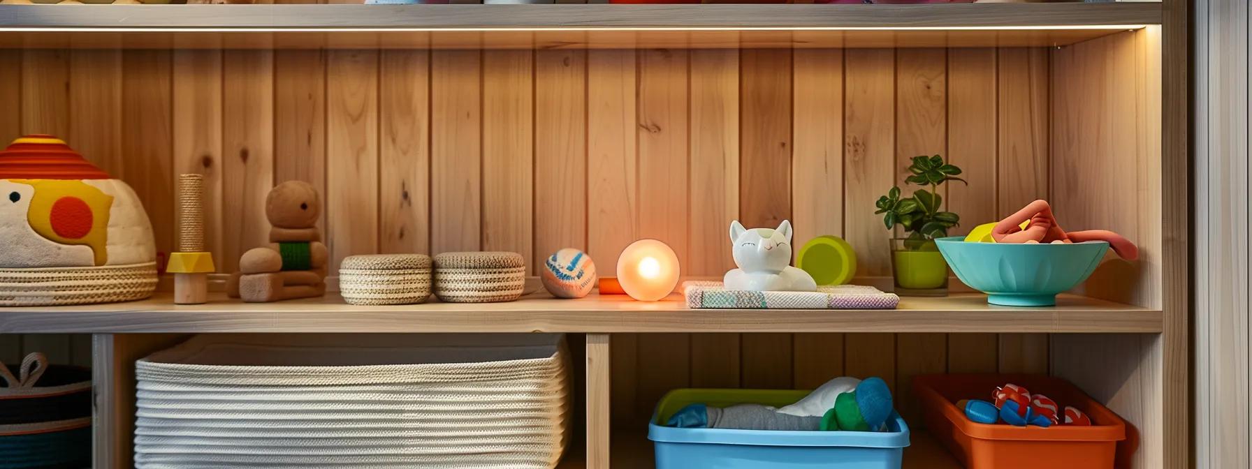 a modern and organized home storage unit displays a vibrant cat laser toy nestled among neatly arranged pet accessories, with warm indoor lighting highlighting its playful design. a modern and organized home storage unit displays a vibrant cat laser toy nestled among neatly arranged pet accessories, with warm indoor lighting highlighting its playful design.