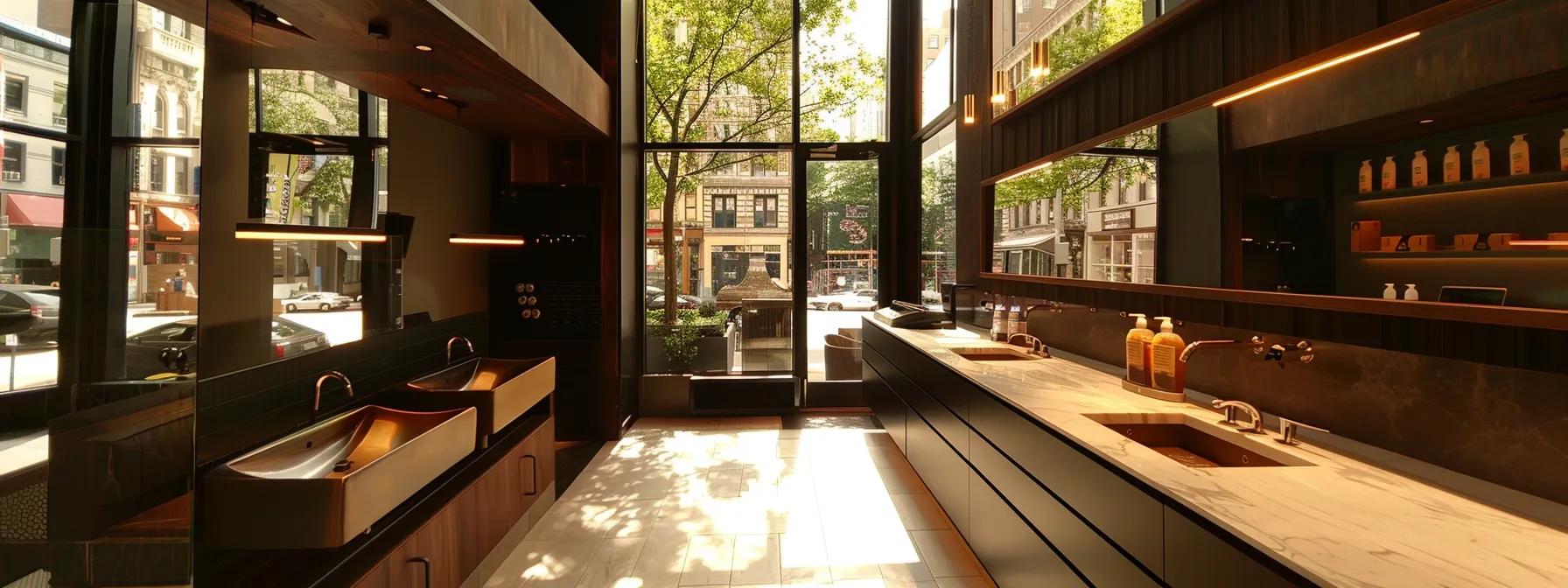 a modern and sleek male waxing salon in midtown nyc, featuring sophisticated decor and hygienic treatment stations where clients are engaged in tailored waxing services, highlighting the professionalism and comfort of a high-end grooming experience.