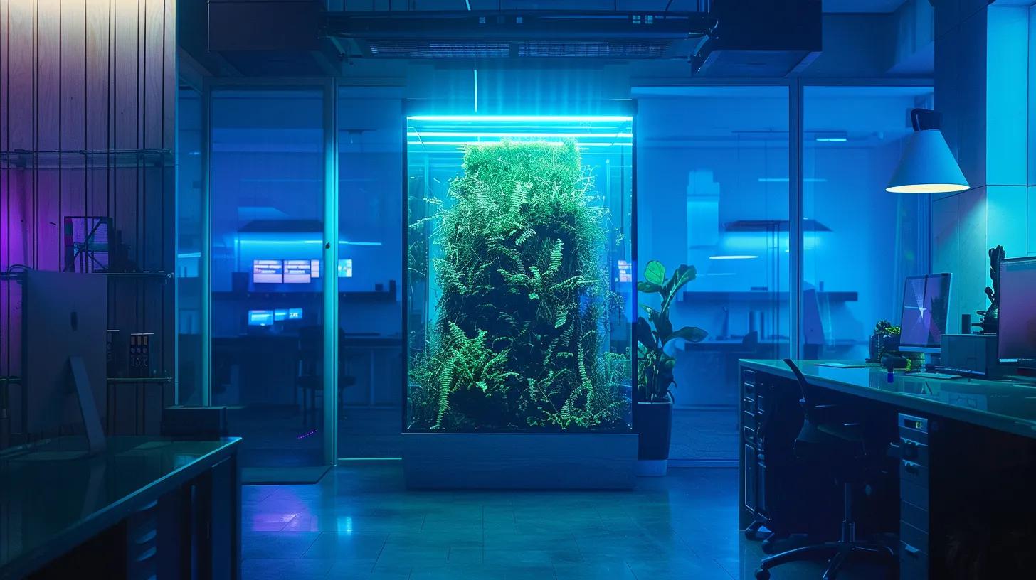 a modern ant farm setup showcases intricate tunnel systems and bioactive elements, illuminated by vibrant led lights in a sleek, minimalist office environment. a modern ant farm setup showcases intricate tunnel systems and bioactive elements, illuminated by vibrant led lights in a sleek, minimalist office environment.