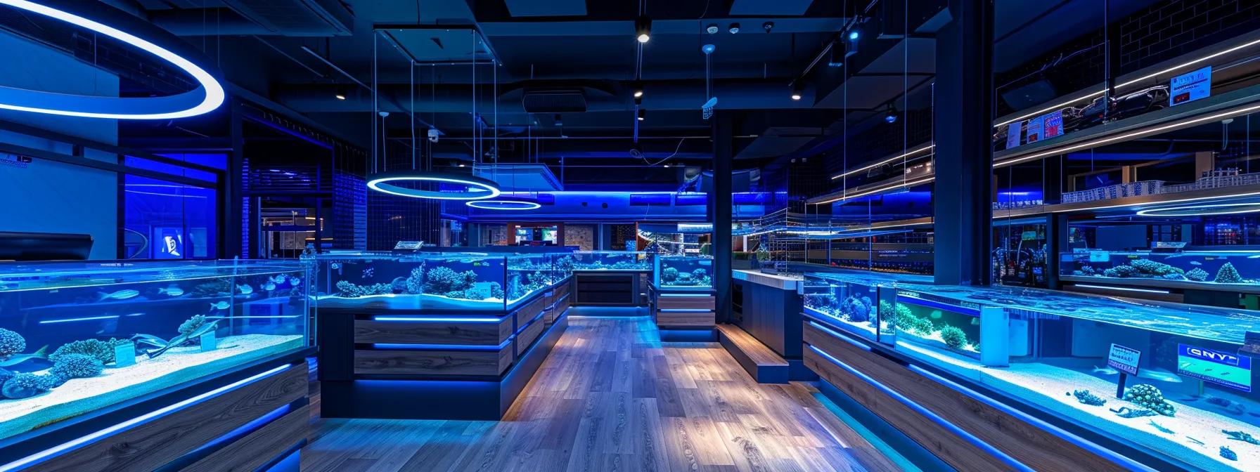 a modern aquarium store interior showcases various cost-effective led lighting solutions displayed above sleek fish tanks, highlighting the vibrant colors of aquatic life illuminated by each light type, under cool, artificial lighting that emphasizes the technological innovation for budget-conscious aquarists. a modern aquarium store interior showcases various cost-effective led lighting solutions displayed above sleek fish tanks, highlighting the vibrant colors of aquatic life illuminated by each light type, under cool, artificial lighting that emphasizes the technological innovation for budget-conscious aquarists.
