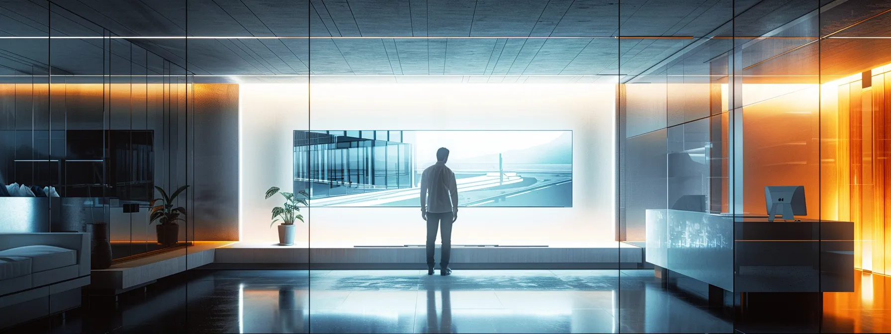 a modern architect deeply focused on a large, interactive touchscreen displaying advanced cad software, illuminated by soft overhead lighting in a sleek, contemporary office environment.