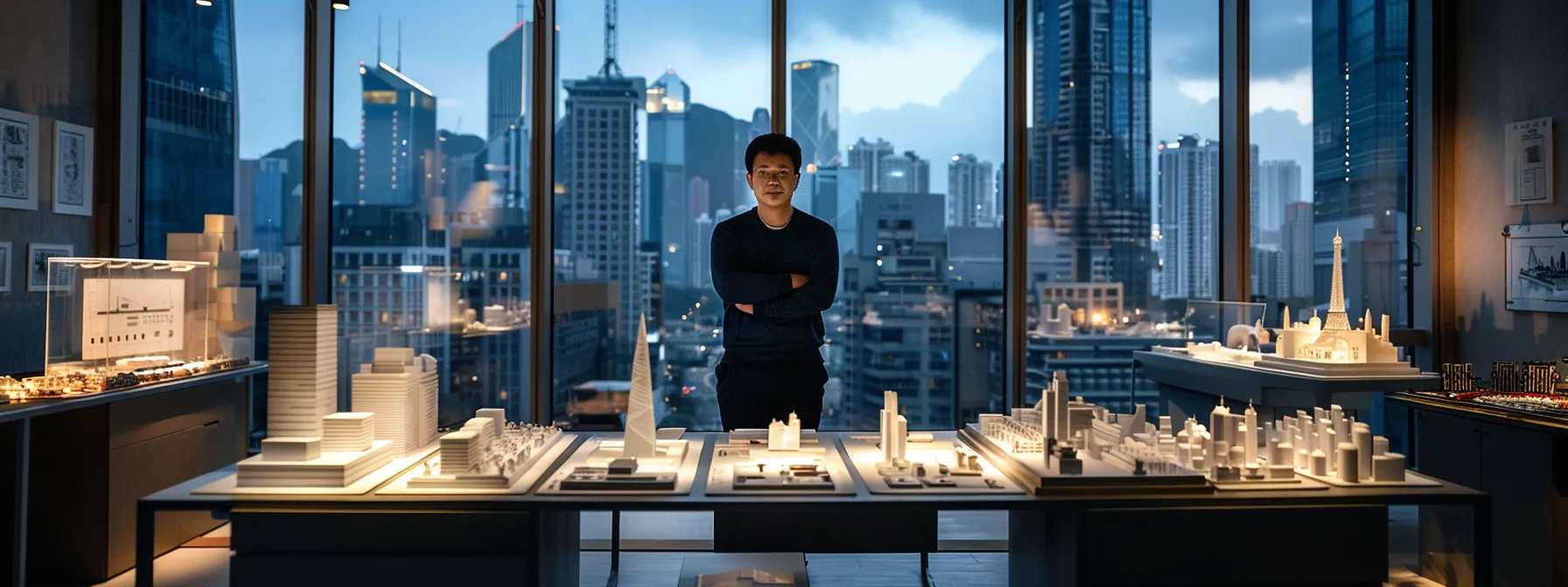 a modern architect stands confidently in a sleek, urban office filled with architectural models and blueprints, surrounded by large windows that reveal a bustling city skyline, illuminated by warm ambient lighting.