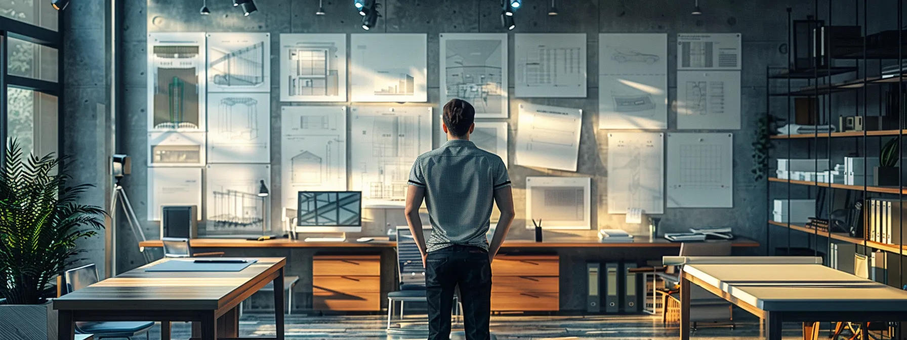 a modern architect stands confidently in a sleek, minimalistic office space, surrounded by detailed blueprints and striking 3d models, illuminated by soft artificial lighting that highlights the innovative designs.