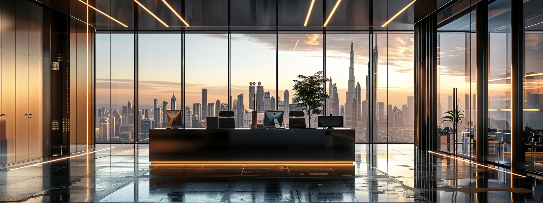 a modern architectural firm office, featuring sleek, minimalist design elements and a large window showcasing an impressive urban skyline, illuminated by soft artificial lighting that enhances an atmosphere of creativity and collaboration.