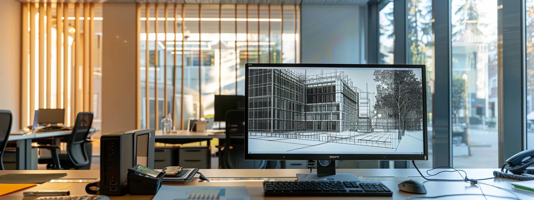 a modern architectural office with a sleek computer workstation displaying intricate autocad designs on the screen, illuminated by sharp overhead lighting, reflecting a focus on precision and innovation in building design.