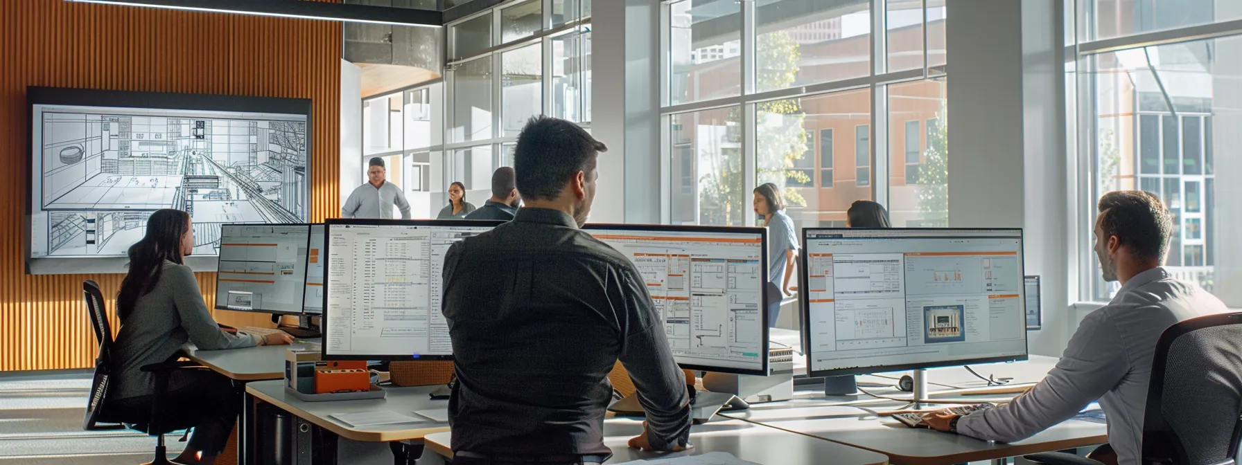 a modern architectural office filled with sophisticated revit software on dual monitors, showcasing intricate wall and floor designs, dynamic adaptive components, and collaborative team members engaged in a candid discussion over detailed blueprints and project variations.