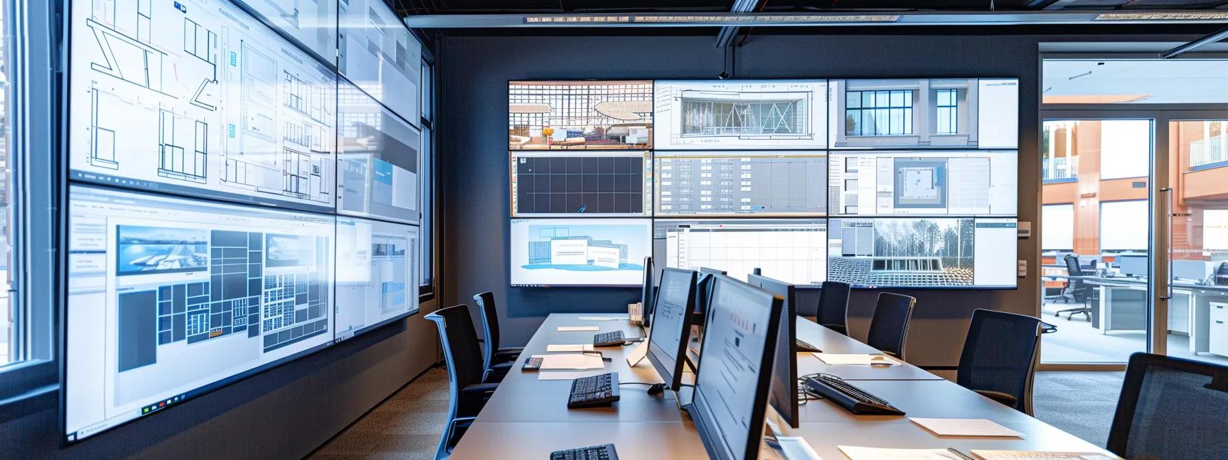 a modern architectural office workspace, featuring multiple large screens displaying intricate revit project templates and design settings, with an organized array of reference materials and construction documents neatly arranged on a sleek conference table under bright, focused overhead lighting.